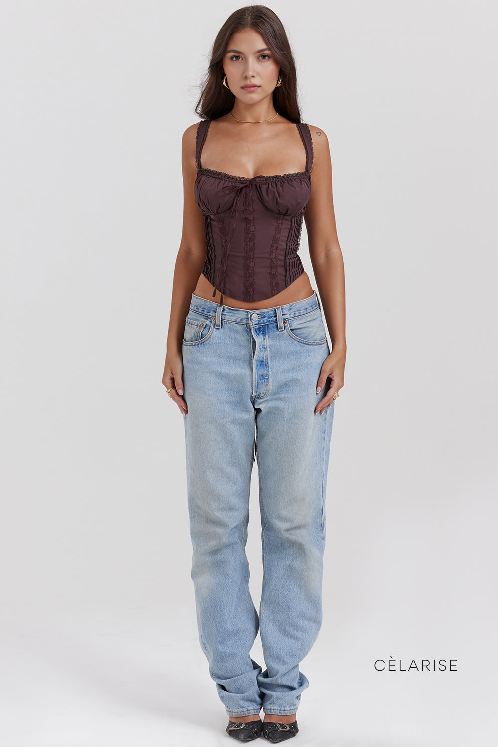 Celarise Alma Fiyonklu Dantel Korse | Kahverengi-PP | Kahverengi-P | Kahverengi-M | Kahverengi-G