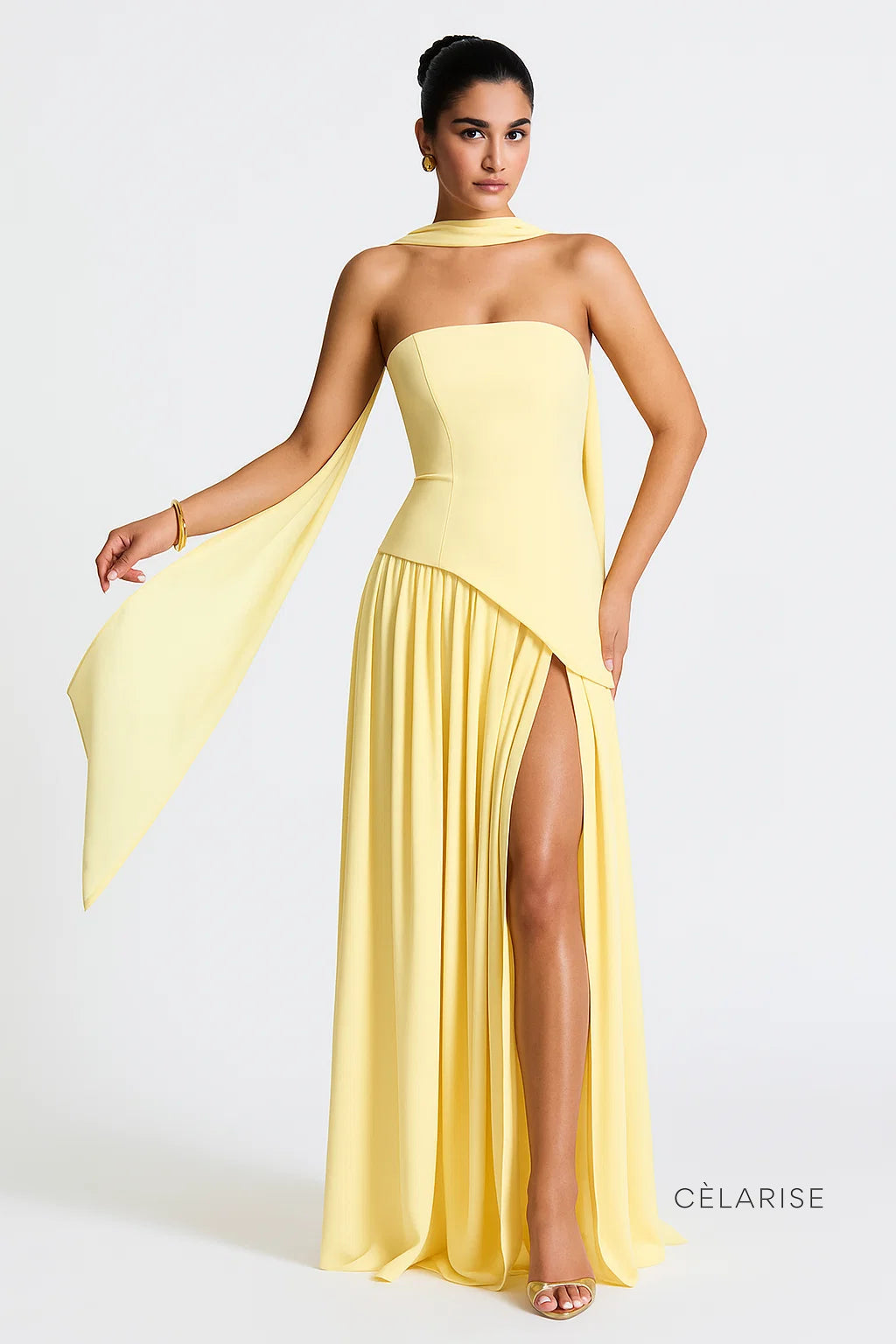 Celarise Aubriee Uzun Kollu Asimetrik Elbise | Sari-PP | Sari-P | Sari-M | Sari-G