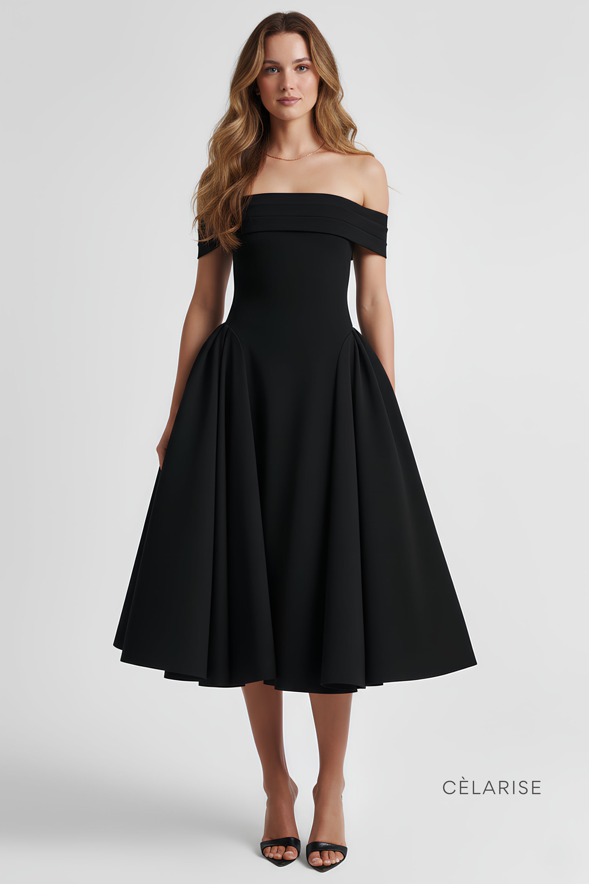 Celarise Avy Saten Omuz Acik Midi Elbise | Siyah-PP | Siyah-P | Siyah-M | Siyah-G