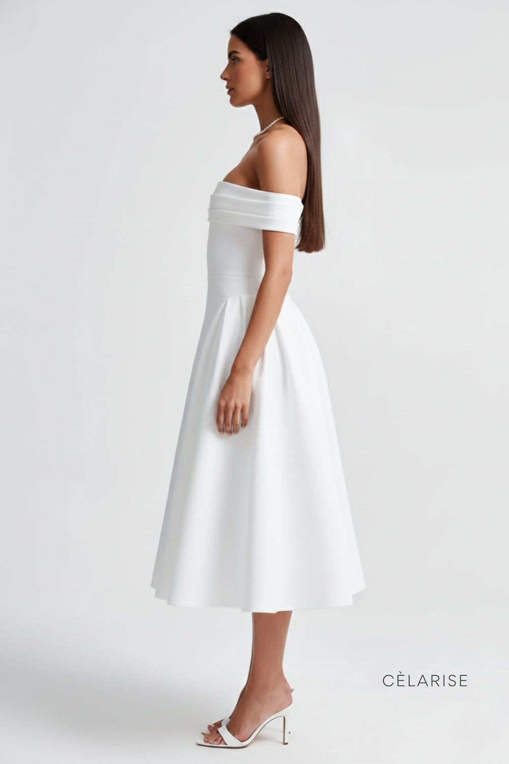 Celarise Avy Saten Omuz Acik Midi Elbise | Beyaz-PP | Beyaz-P | Beyaz-M | Beyaz-G