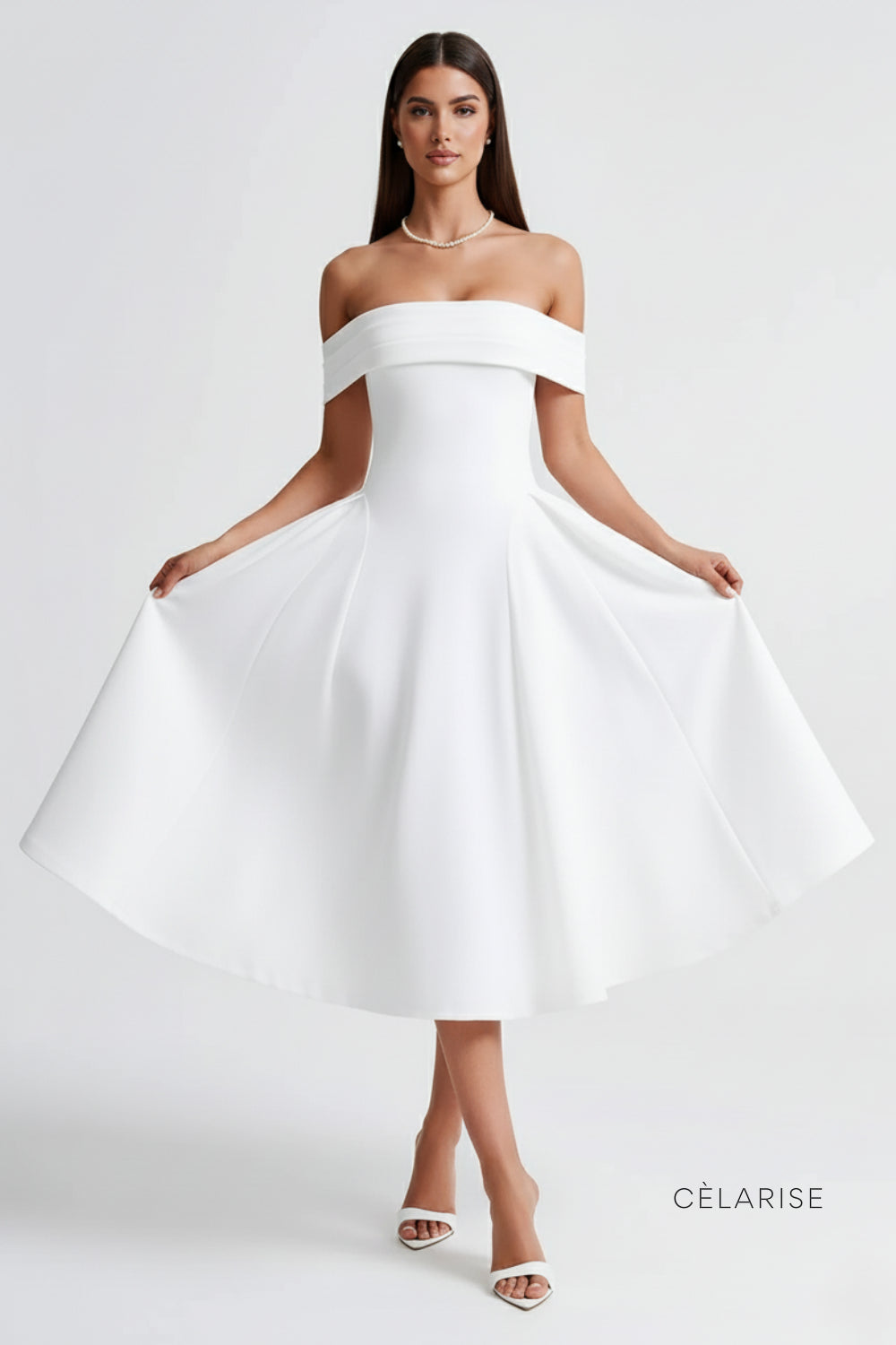 Celarise Avy Saten Omuz Acik Midi Elbise | Beyaz-PP | Beyaz-P | Beyaz-M | Beyaz-G