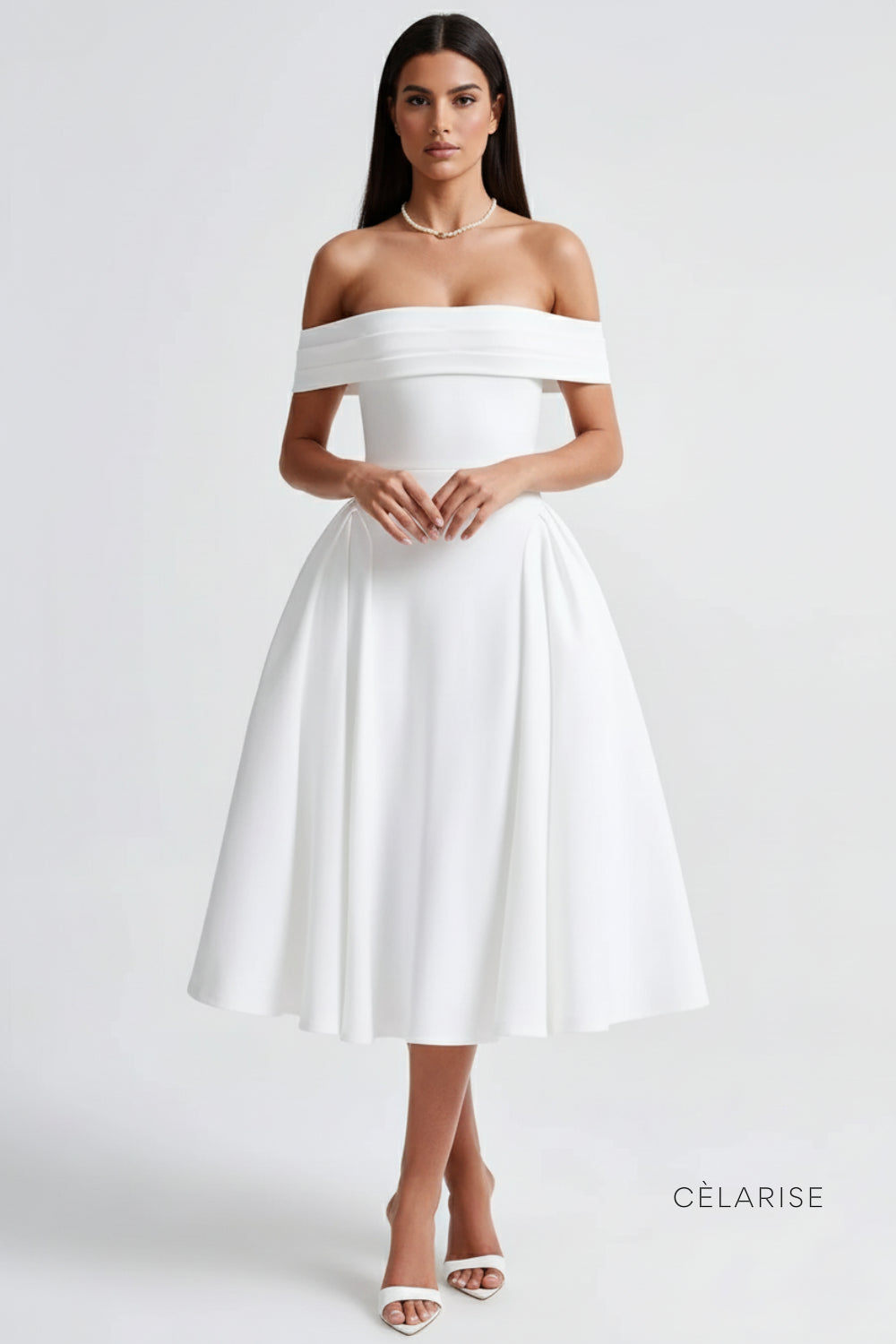 Celarise Avy Saten Omuz Acik Midi Elbise | Beyaz-PP | Beyaz-P | Beyaz-M | Beyaz-G