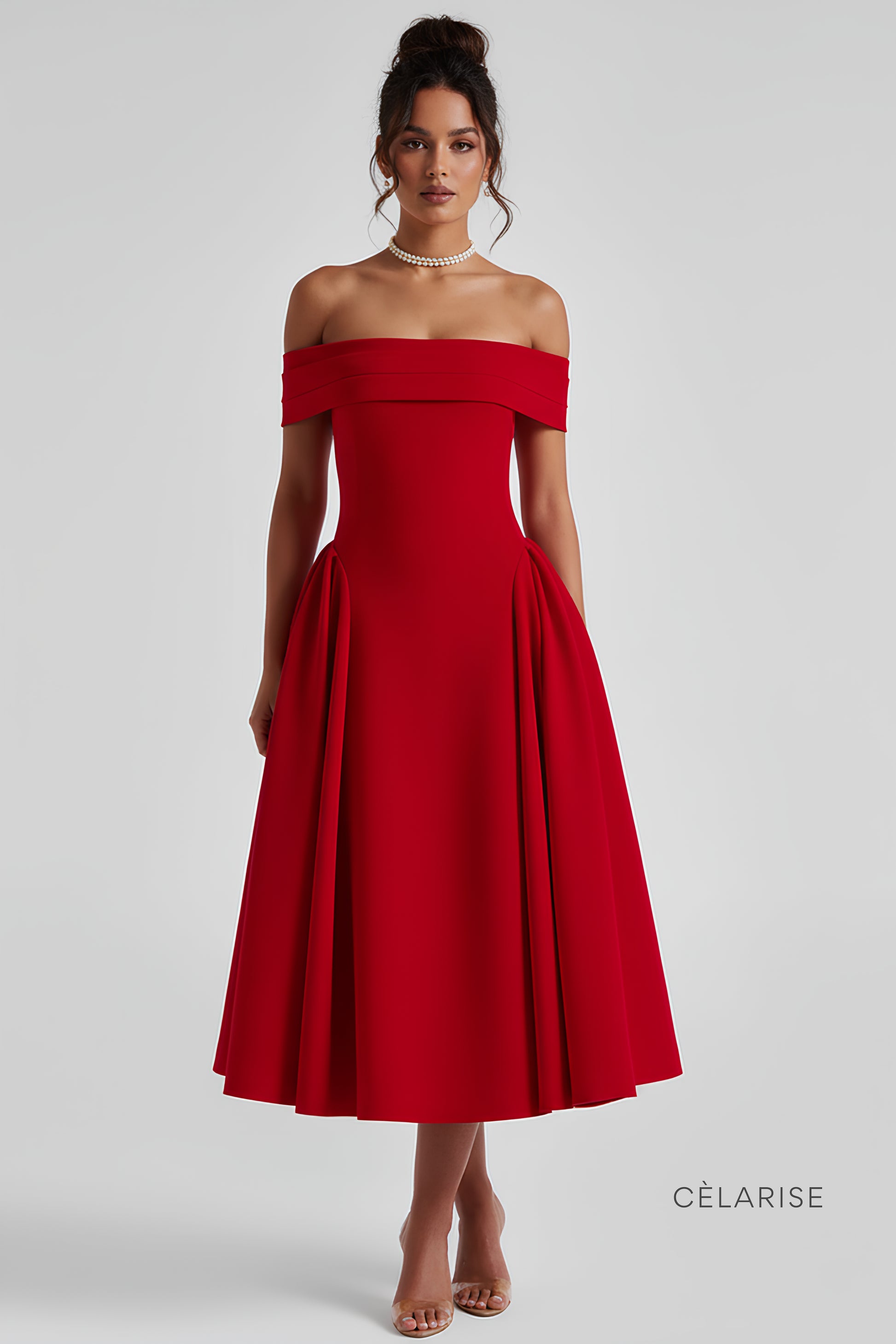 Celarise Avy Saten Omuz Acik Midi Elbise | Kirmizi-PP | Kirmizi-P | Kirmizi-M | Kirmizi-G