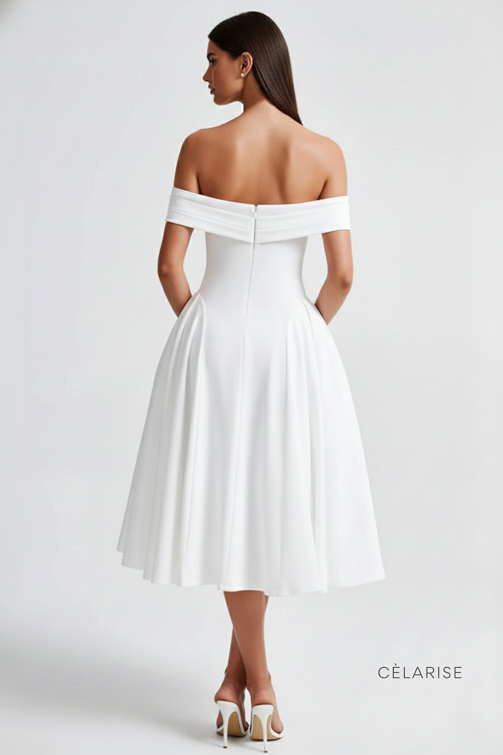 Celarise Avy Saten Omuz Acik Midi Elbise | Beyaz-PP | Beyaz-P | Beyaz-M | Beyaz-G