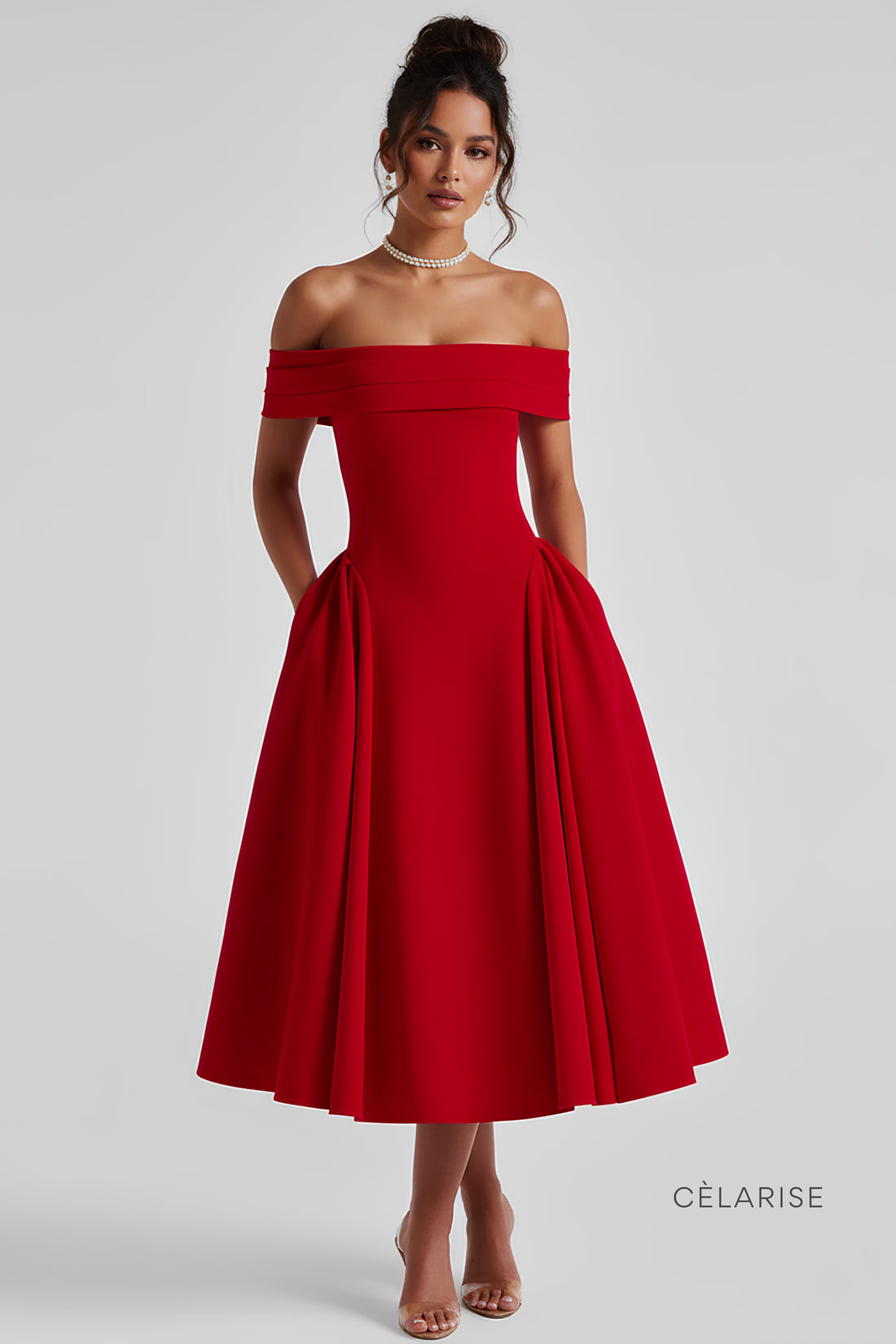 Celarise Avy Saten Omuz Acik Midi Elbise | Kirmizi-PP | Kirmizi-P | Kirmizi-M | Kirmizi-G