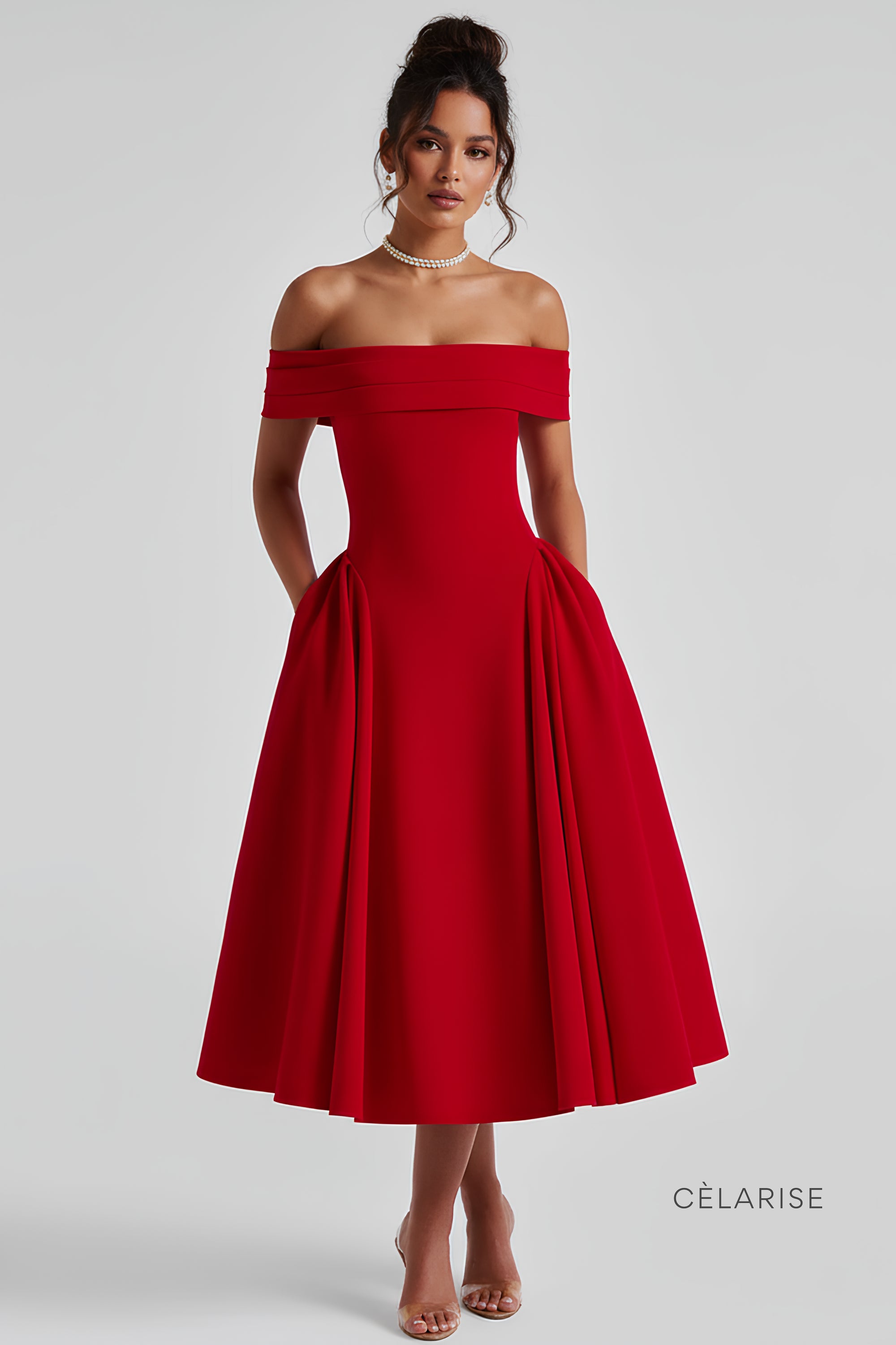 Celarise Avy Saten Omuz Acik Midi Elbise | Kirmizi-PP | Kirmizi-P | Kirmizi-M | Kirmizi-G