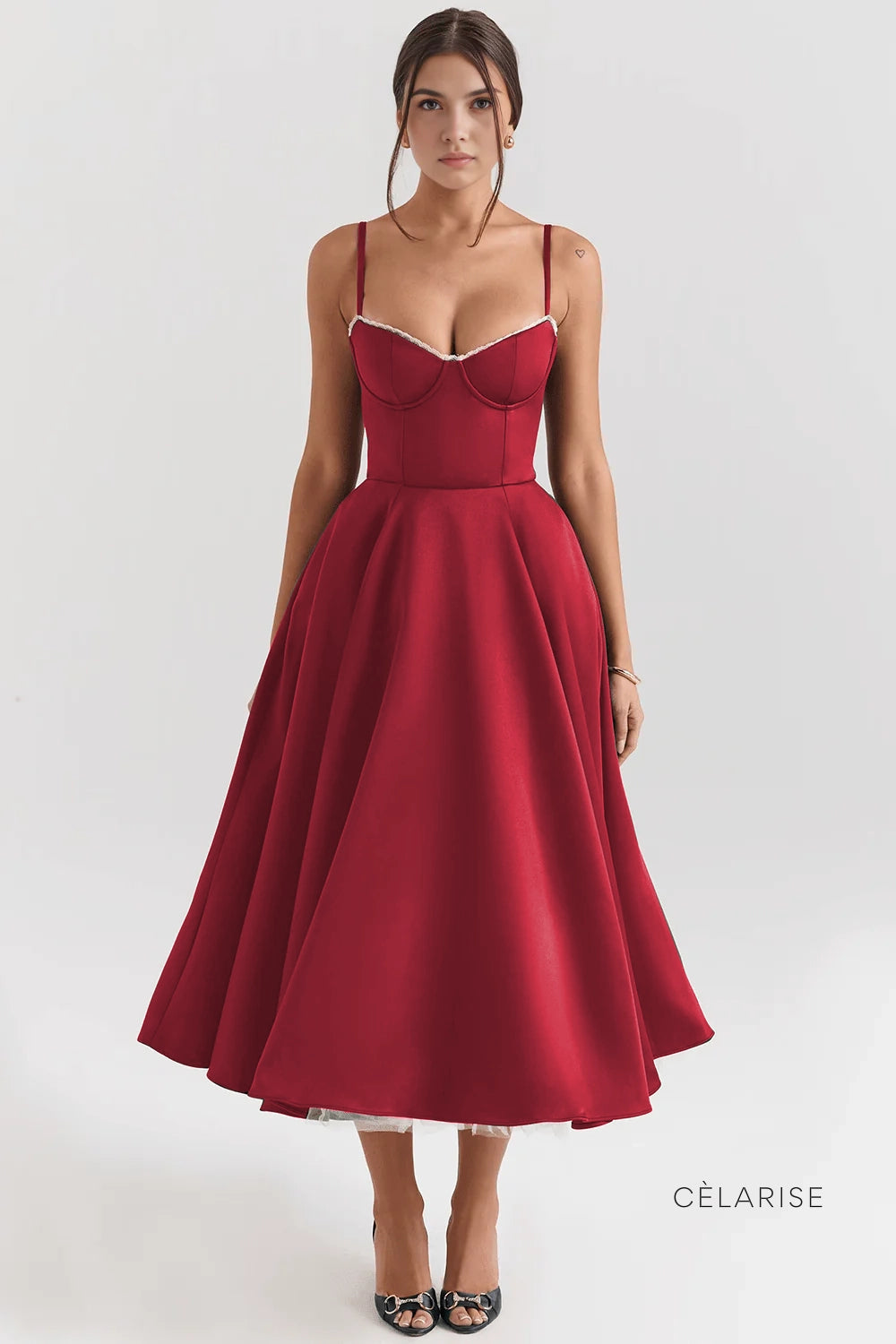 Celarise Ily Korsajli Saten Midi Elbise | Bordo-PP | Bordo-P | Bordo-M | Bordo-G | Bordo-GG