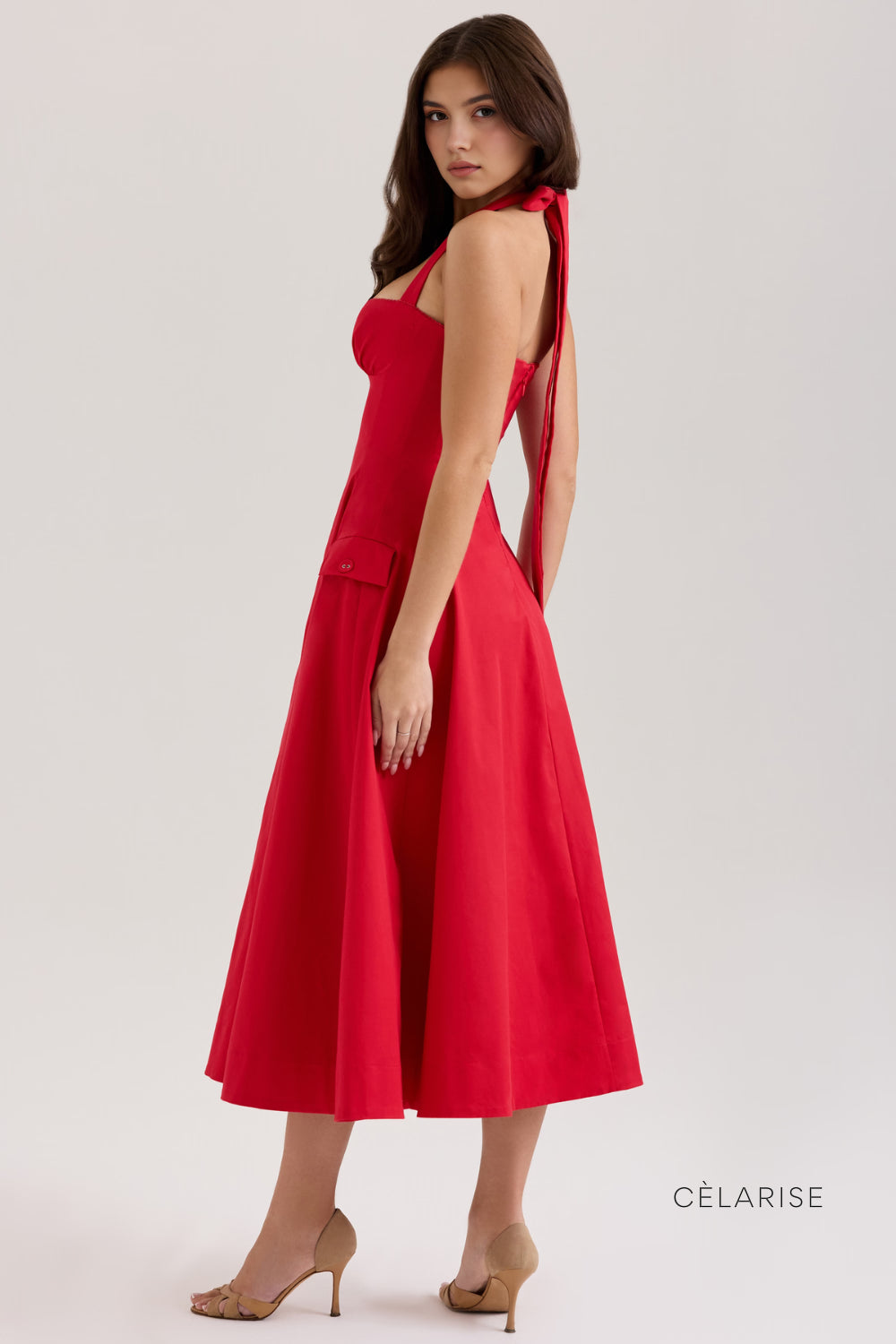 Celarise Jacklynn Buzgulu Halter Midi Elbise | Vermelho-PP | Vermelho-P | Vermelho-M | Vermelho-G