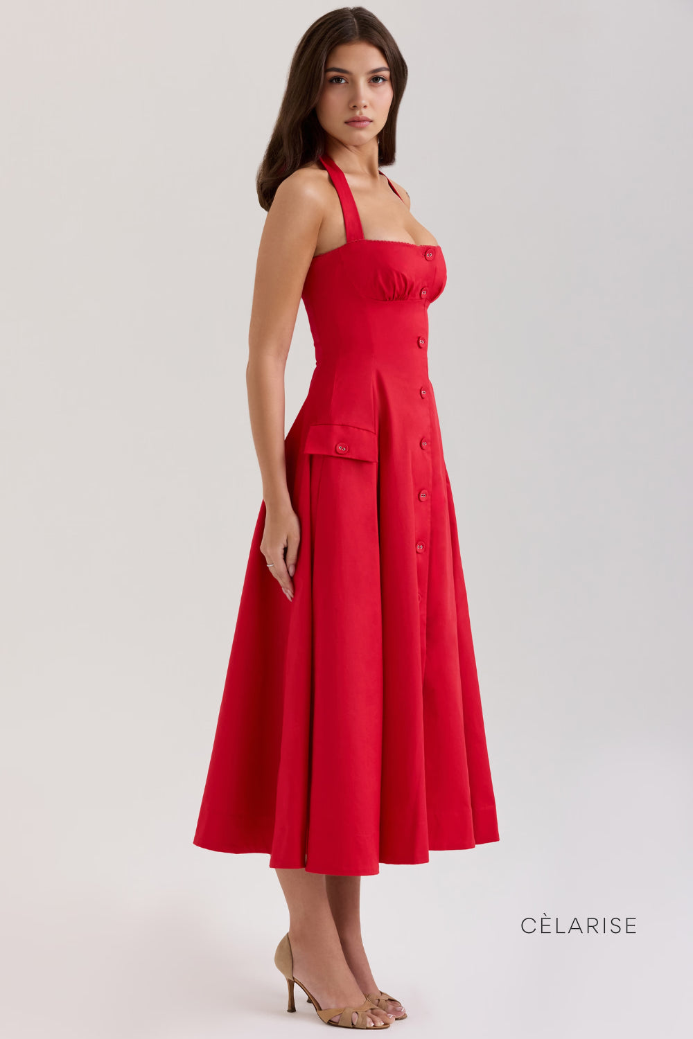 Celarise Jacklynn Buzgulu Halter Midi Elbise | Vermelho-PP | Vermelho-P | Vermelho-M | Vermelho-G