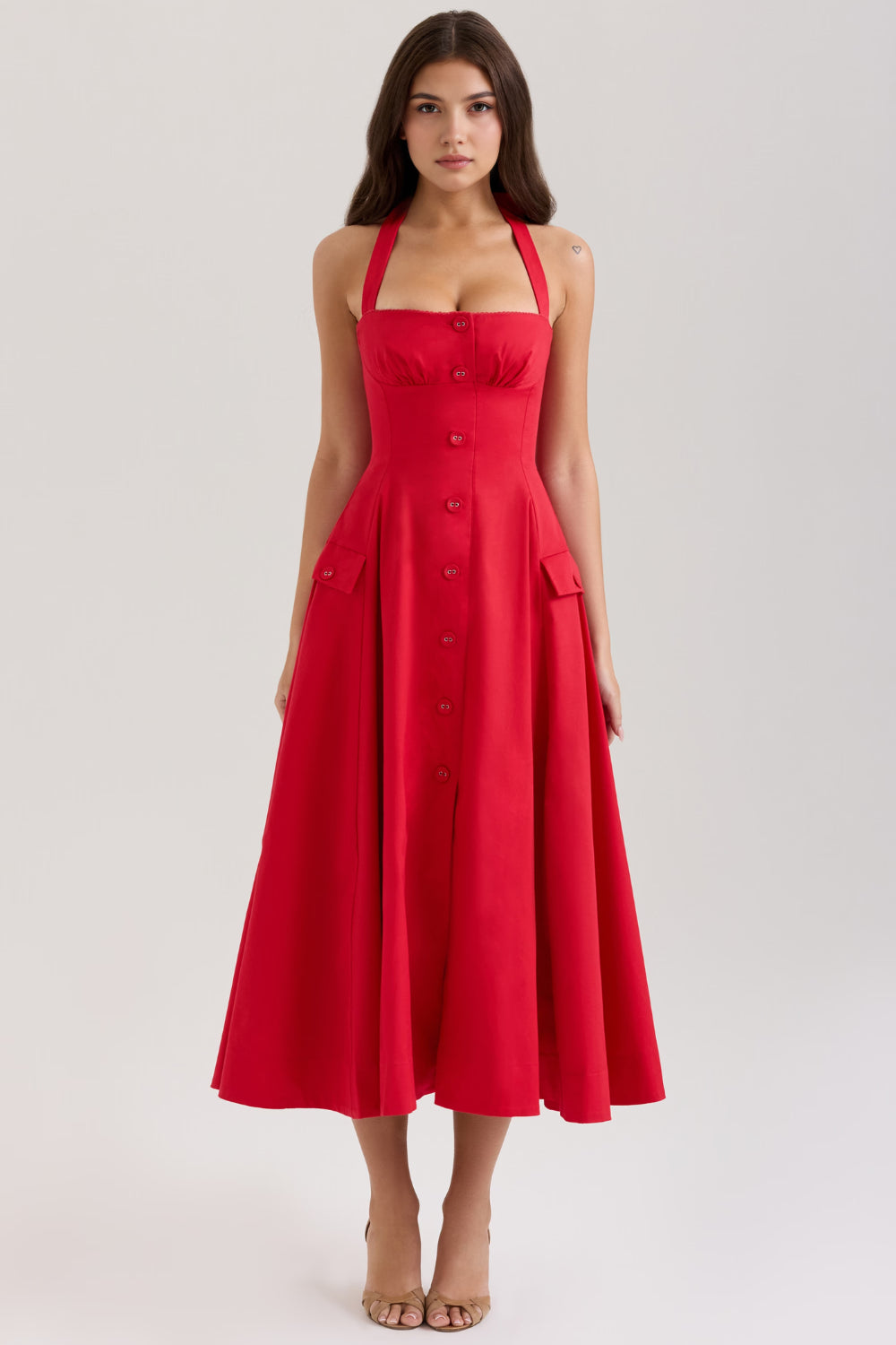 Celarise Jacklynn Buzgulu Halter Midi Elbise | Vermelho-PP | Vermelho-P | Vermelho-M | Vermelho-G