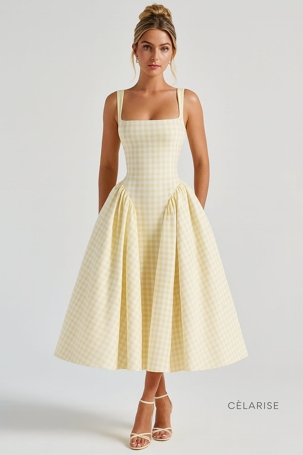 Celarise Meira Bustiyer Ekose Midi Elbise | Amarelo-PP | Amarelo-P | Amarelo-M | Amarelo-G