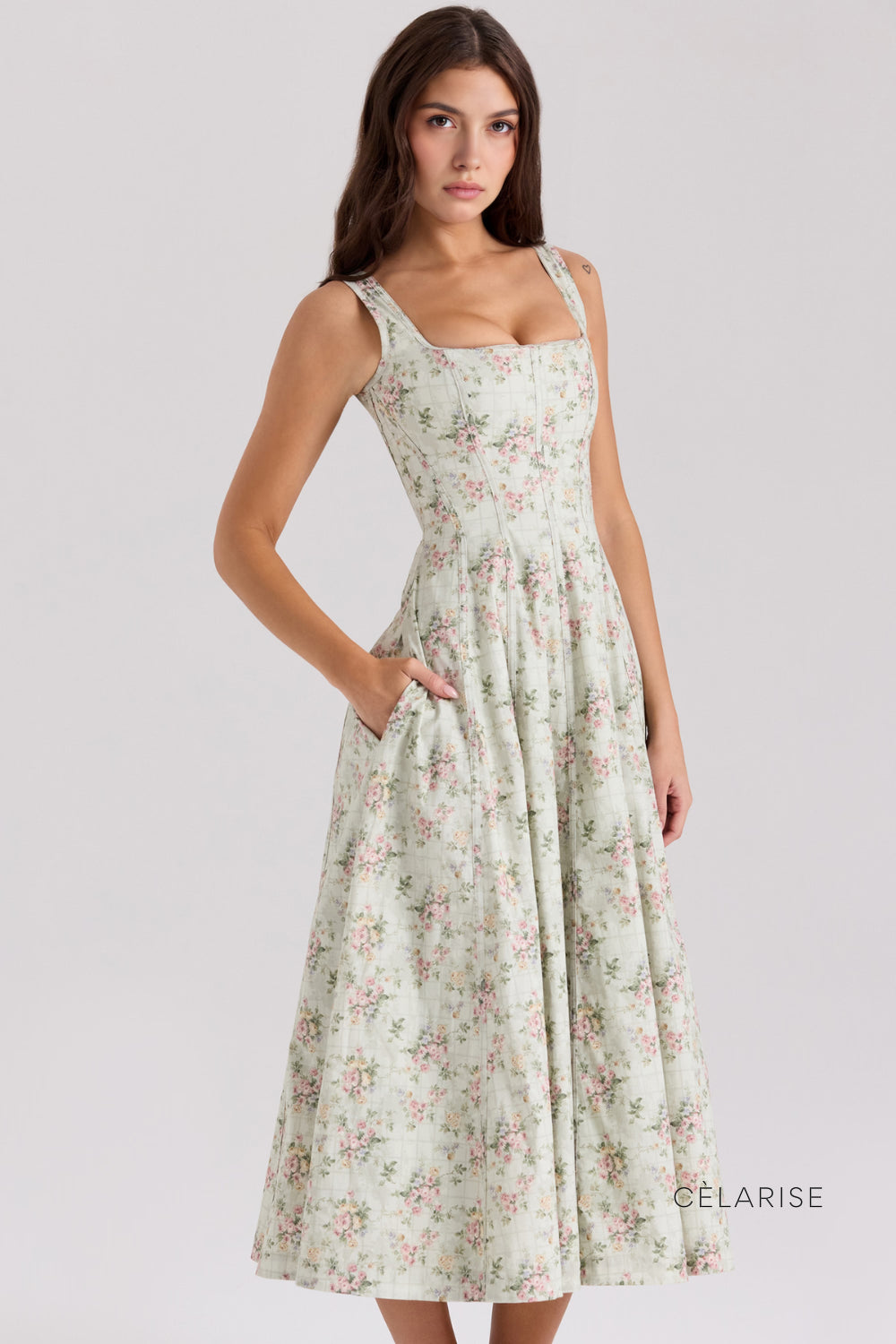 Celarise Sora Korse Detayli Midi Elbise | Yesil cicekli-PP | Yesil cicekli-P | Yesil cicekli-M | Yesil cicekli-G