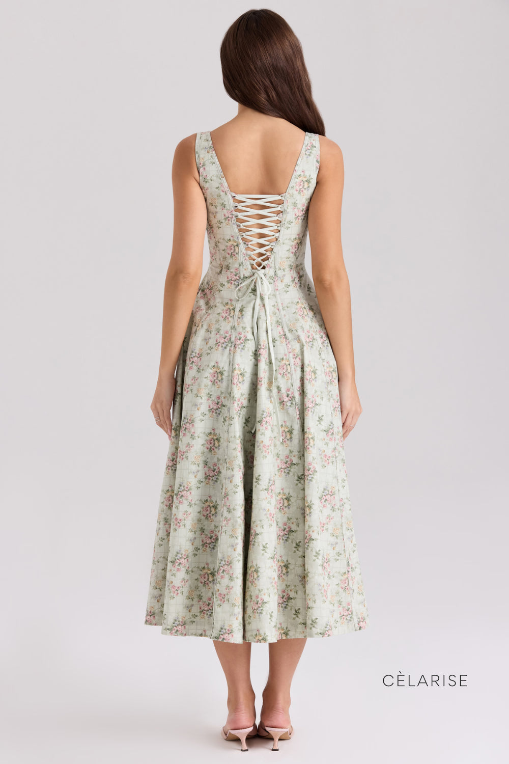 Celarise Sora Korse Detayli Midi Elbise | Pembe cicekli-PP | Pembe cicekli-P | Pembe cicekli-M | Pembe cicekli-G