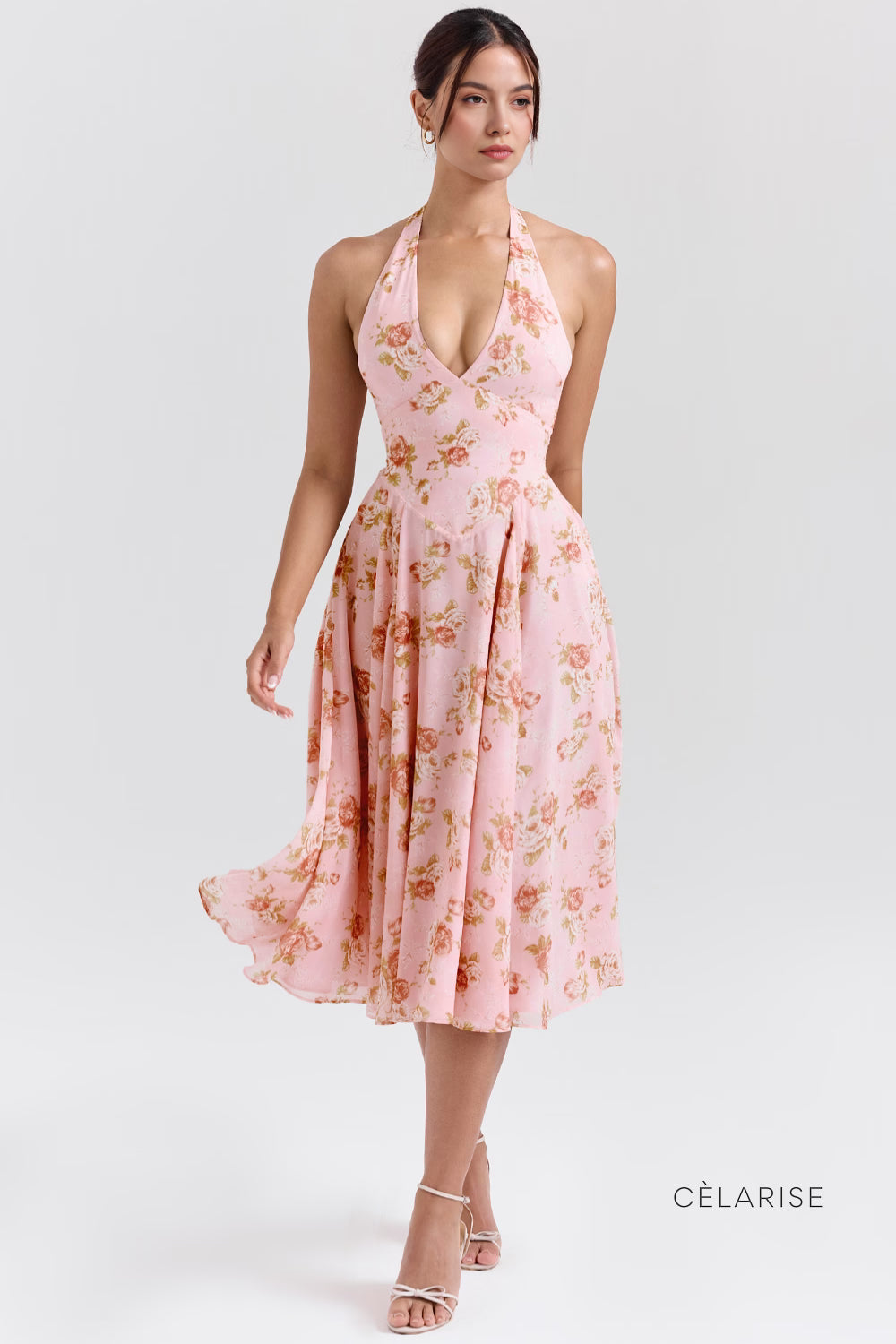 Celarise Zen Boyundan Baglamali Midi Elbise | Pembe cicekli-PP | Pembe cicekli-P | Pembe cicekli-M | Pembe cicekli-G