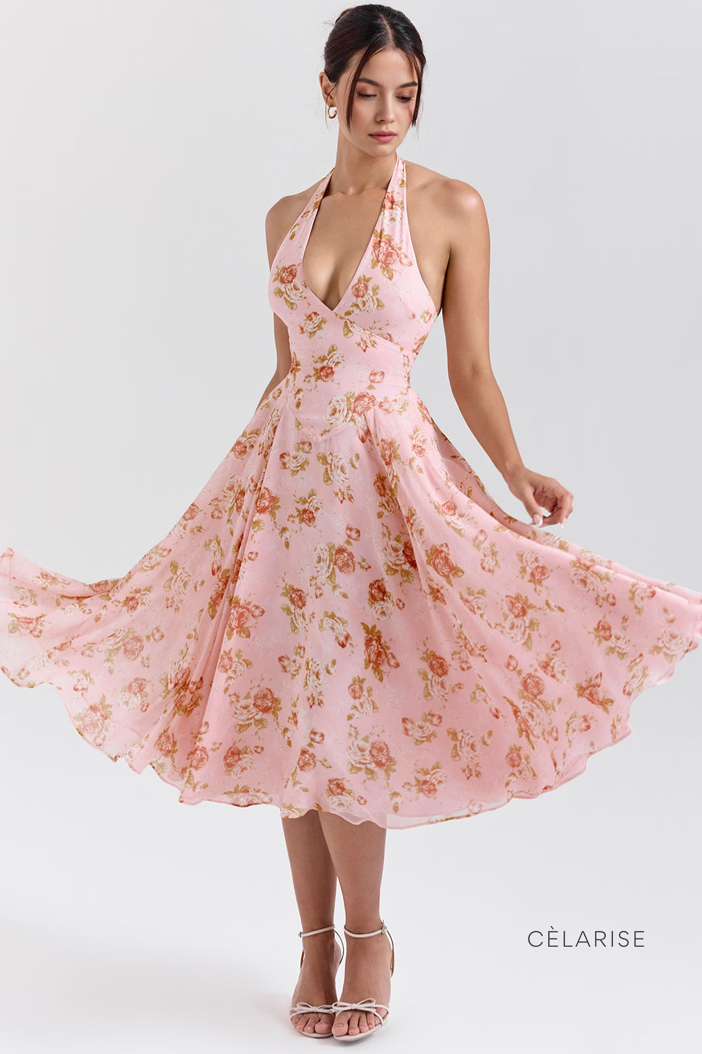 Celarise Zen Boyundan Baglamali Midi Elbise | Pembe cicekli-PP | Pembe cicekli-P | Pembe cicekli-M | Pembe cicekli-G